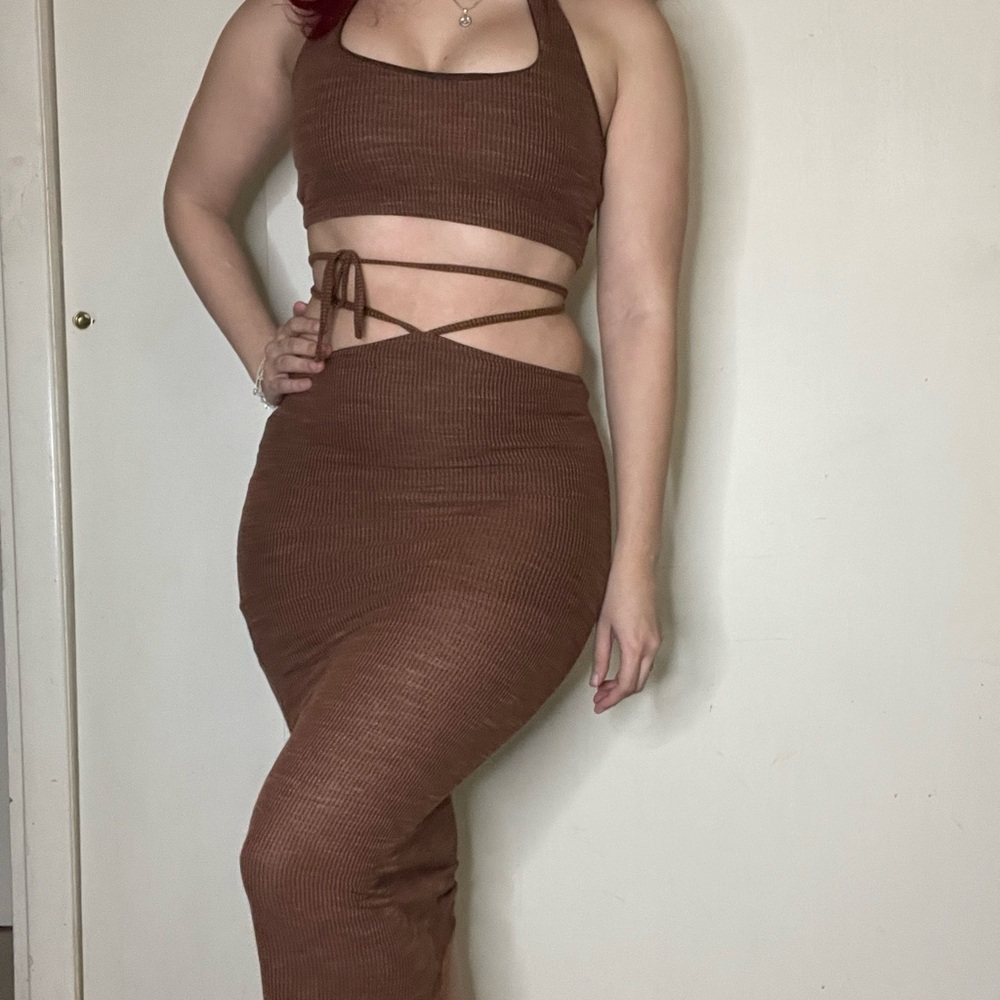 Brown two piece set midi maxi skirt summer set - Brown Ribbed Women's Skirt